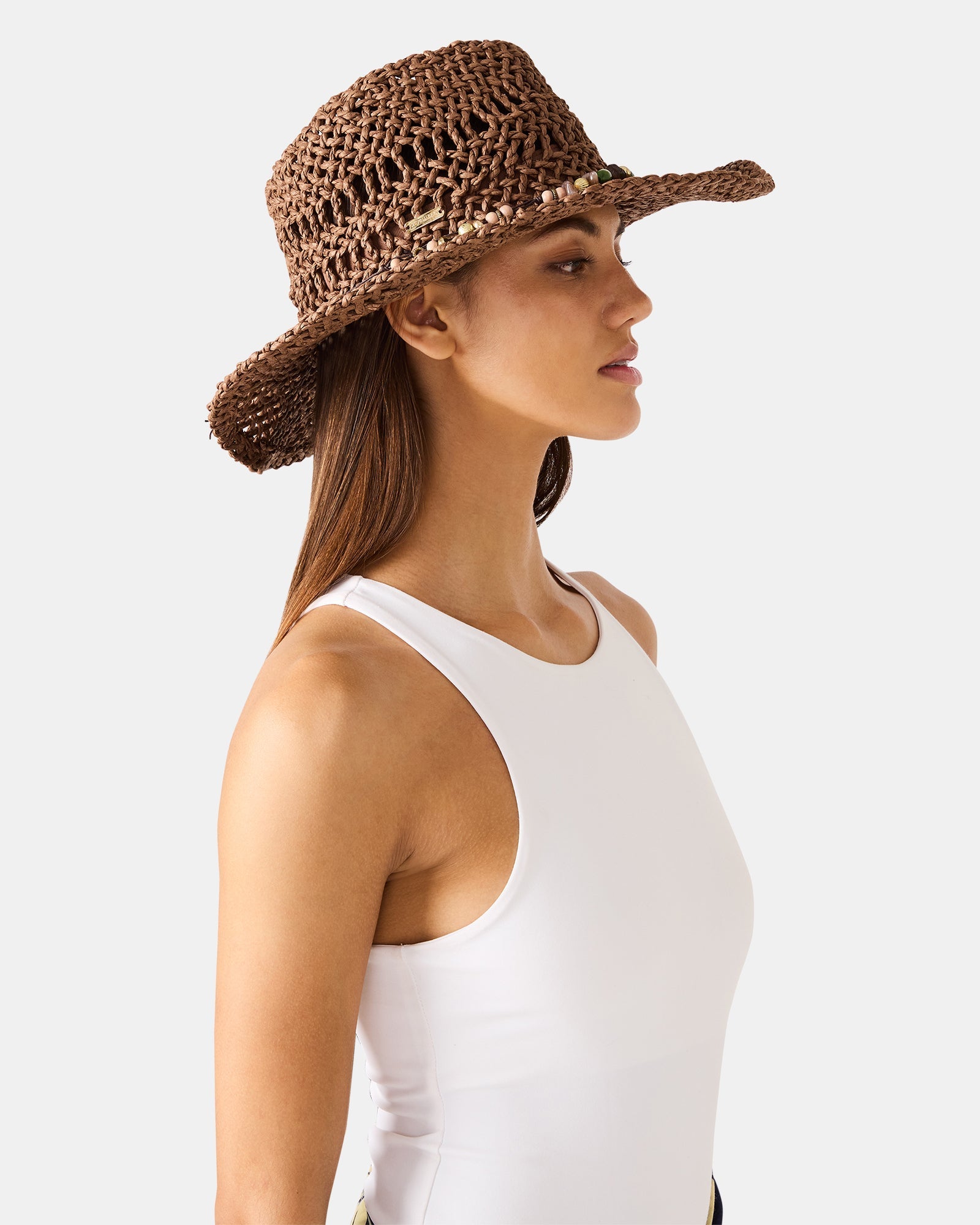 LEI BEADED TRIM WESTERN HAT CHOCOLATE